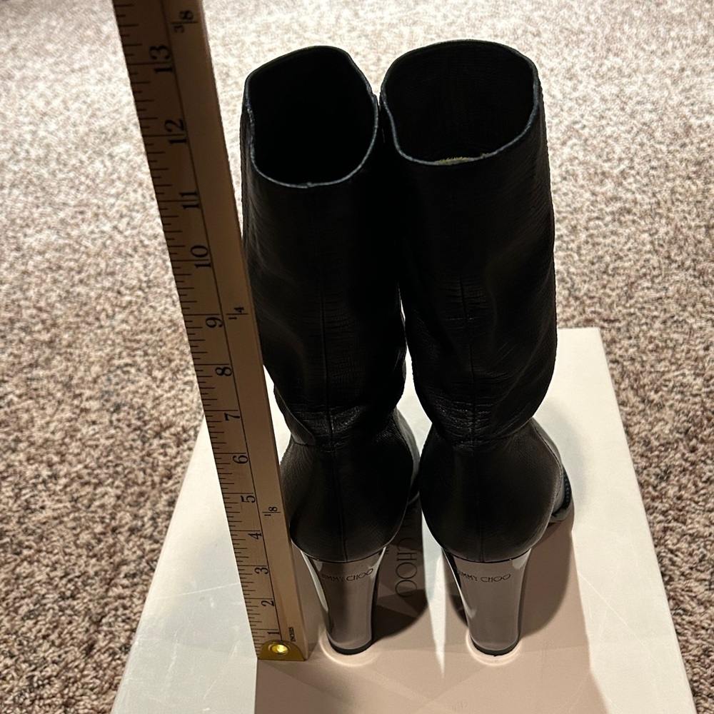 Jimmy Choo Articolo Embossed Print Black Boots 37.5 Black Mirrored Heel Like New - Picture 5 of 11